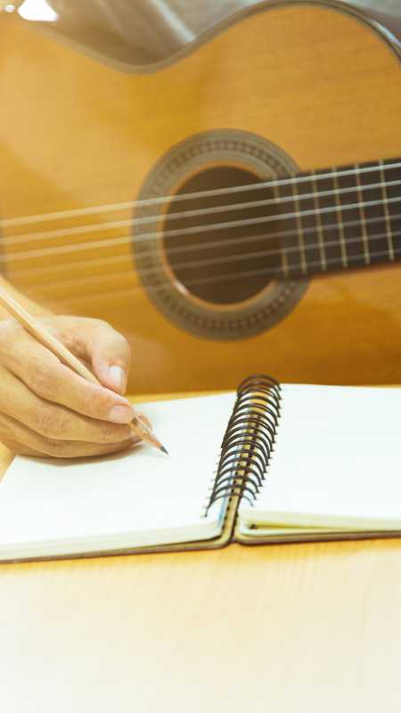 um violão e uma mão escrevendo uma composição